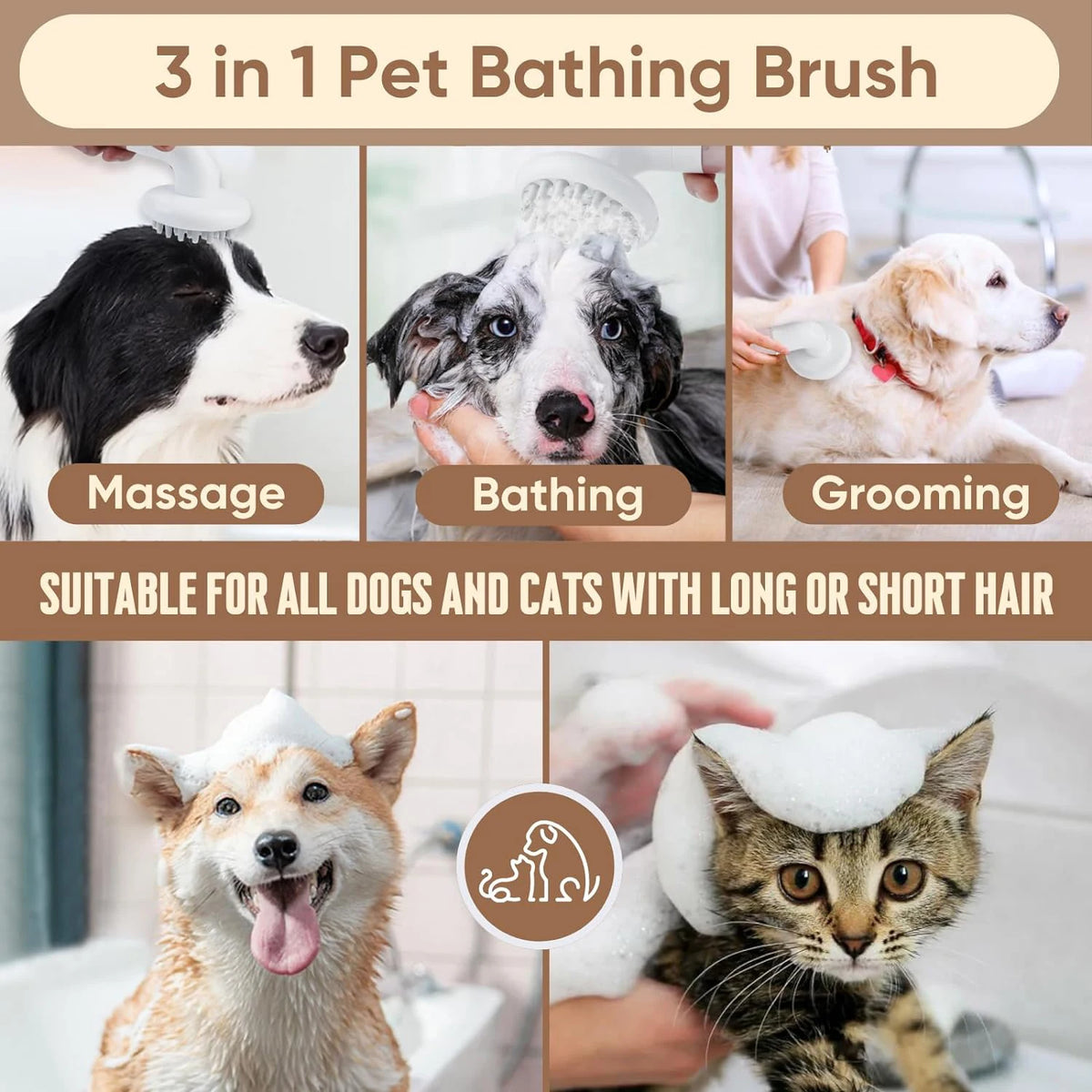 Dog Bath Brush 3 in1 Dog Shampoo Brush Soft Silicone Dog Brush for Pet Grooming Washing