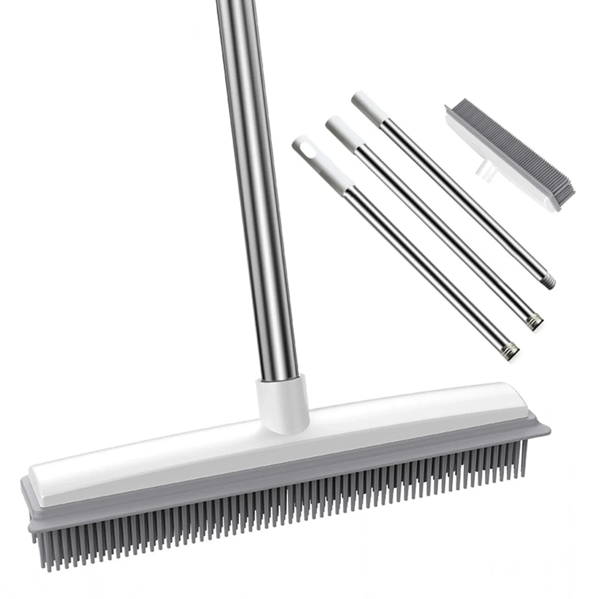 Rubber Broom Carpet Rake with Squeegee Long Handle for Pet Hair Fur Remover Broom for