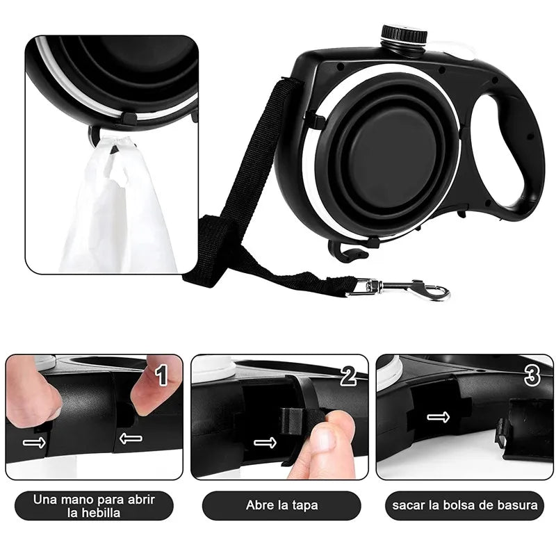 Multifunction Pet Dog Leash with Builtin Water Bottle Bowl Waste Bag Dispenser for