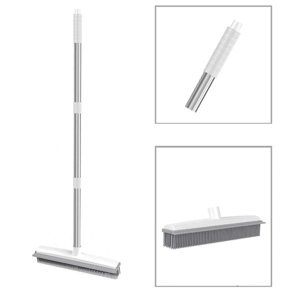 Rubber Broom Carpet Rake with Squeegee Long Handle for Pet Hair Fur Remover Broom for