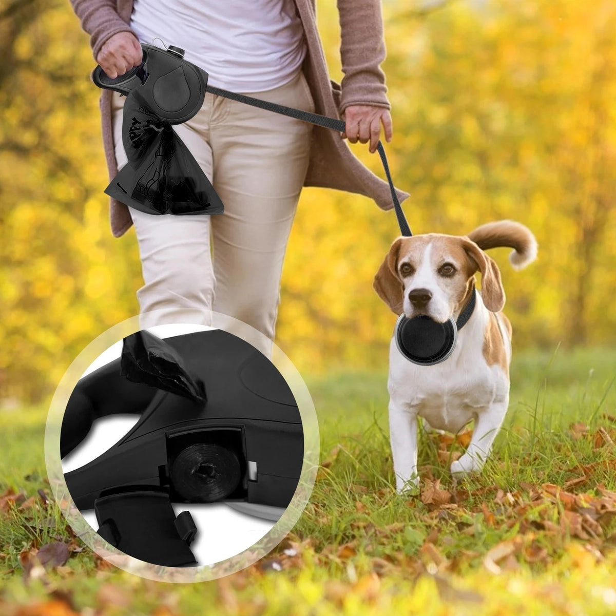 Multifunction Pet Dog Leash with Builtin Water Bottle Bowl Waste Bag Dispenser for