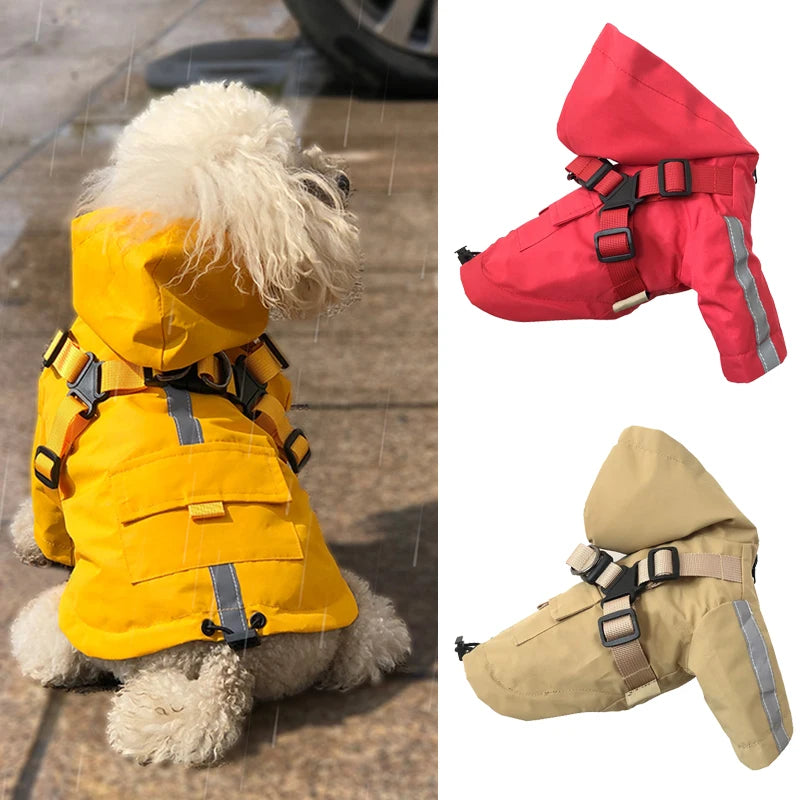 Reflective Puppy Dog Raincoat with Harness Waterproof Pet Clothes Yorkshire Outfit