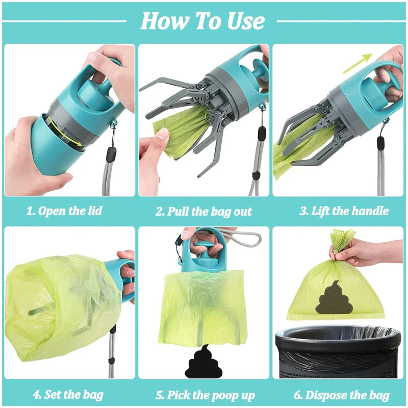 Portable Dog Pooper Scooper with Garbage Bag Outdoor Pet Poop Grabber Claw Fecal Shovel