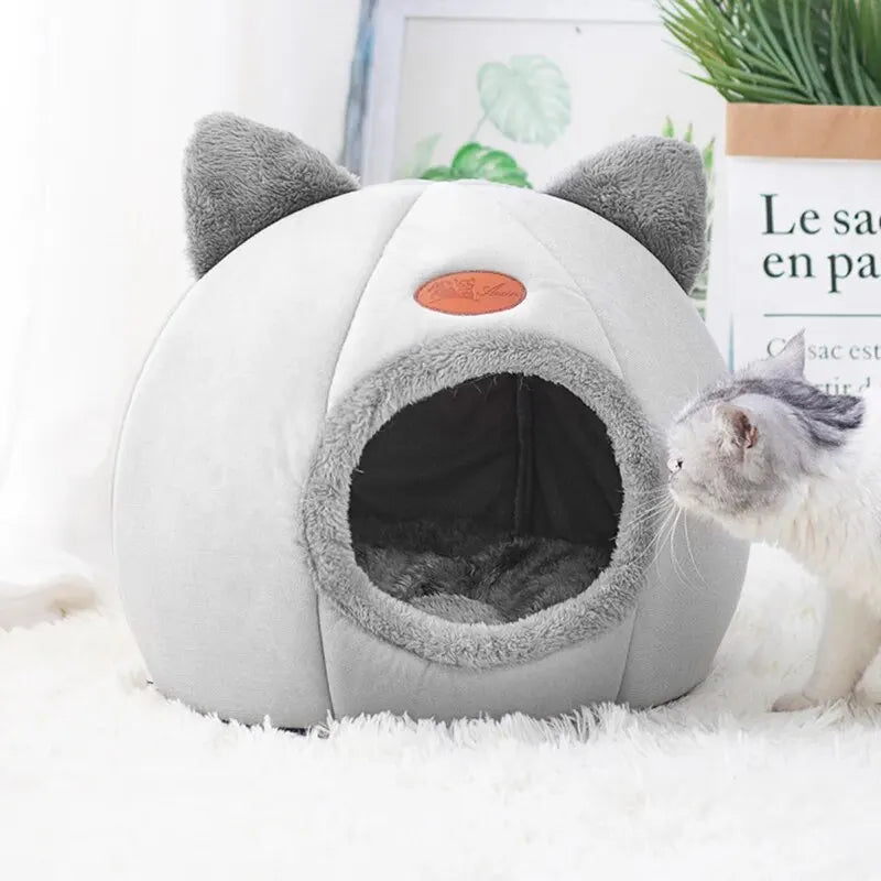 Cat Head Shape Cute And Comfortable Warm Cat House Safe Sleep Cave Non-Slip Semi-Closed