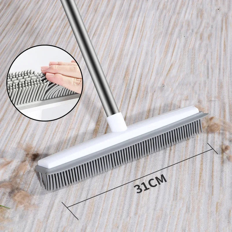 Rubber Broom Carpet Rake with Squeegee Long Handle for Pet Hair Fur Remover Broom for