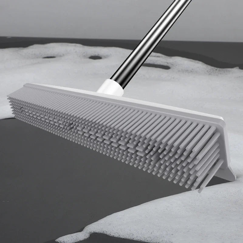 Rubber Broom Carpet Rake with Squeegee Long Handle for Pet Hair Fur Remover Broom for