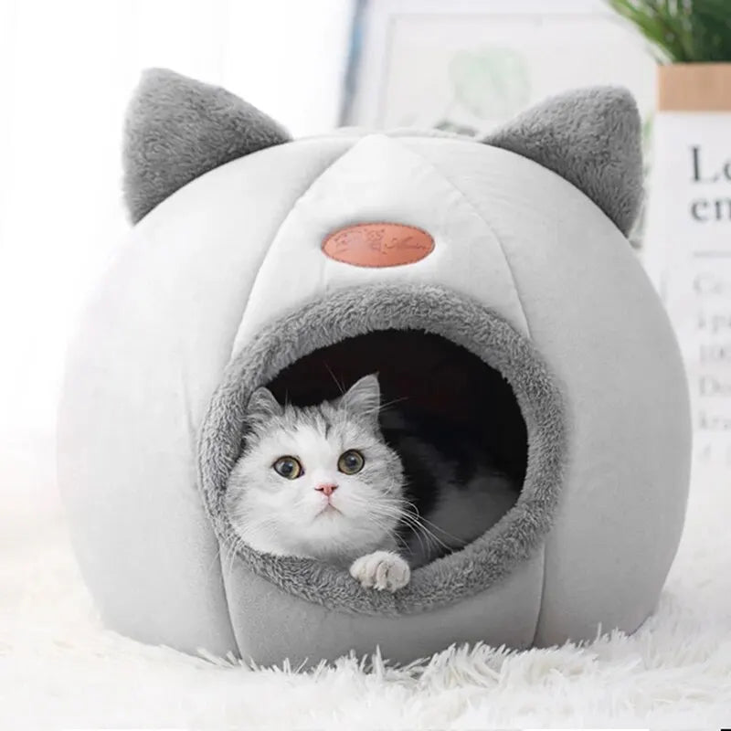 Cat Head Shape Cute And Comfortable Warm Cat House Safe Sleep Cave Non-Slip Semi-Closed
