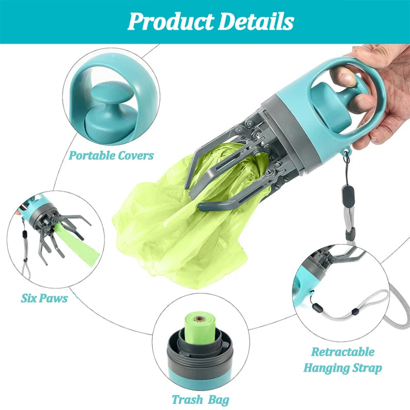 Portable Dog Pooper Scooper with Garbage Bag Outdoor Pet Poop Grabber Claw Fecal Shovel
